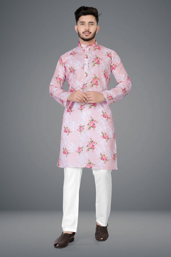 Men Printed Cotton Blend Straight Kurta  (Pink)