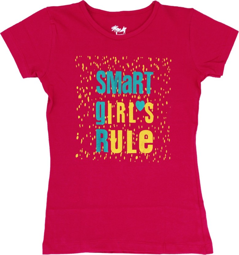 Girls Typography, Printed Cotton Blend Regular T Shirt  (Pink, Pack of 1)