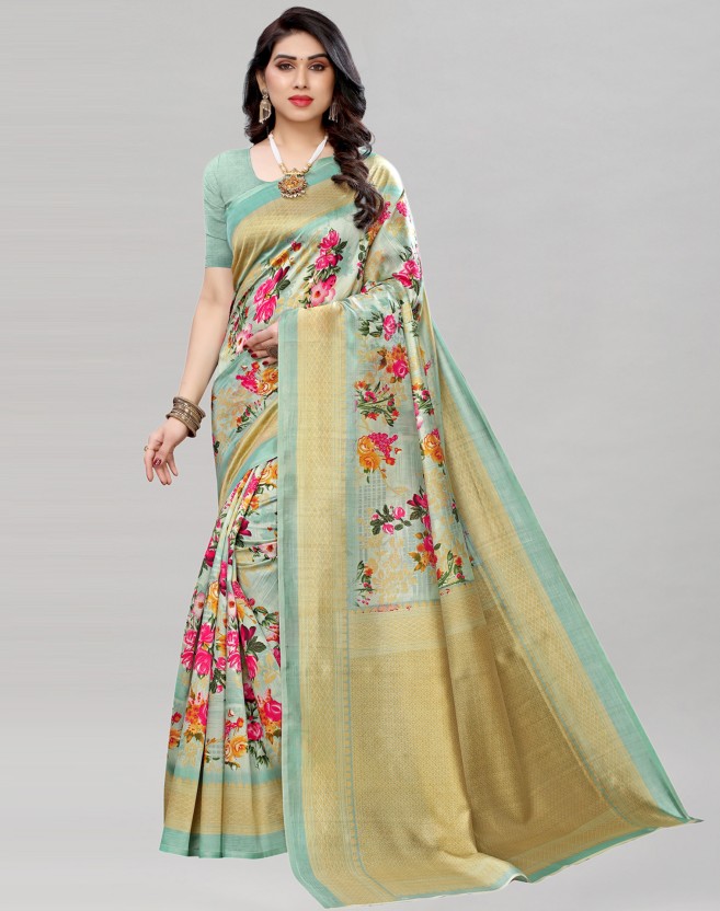 Floral Print, Geometric Print, Printed Banarasi Cotton Silk, Silk Blend Saree  (Light Green)