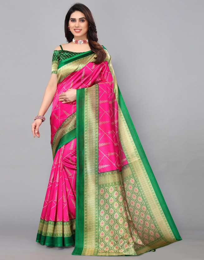 Graphic Print, Paisley, Printed, Woven Kanjivaram Cotton Silk, Silk Blend Saree  (Pink, Green, Gold)