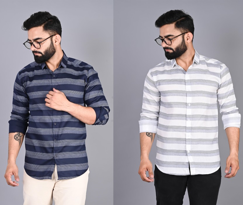 Men Slim Fit Striped Spread Collar Casual Shirt  (Pack of 2)