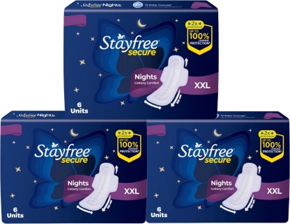 STAYFREE Secure Nights Cottony Comfort XXL - 6x3 = 18 Pads ( 1 Pack of 6 Units ) Sanitary Pad  (Pack of 18)