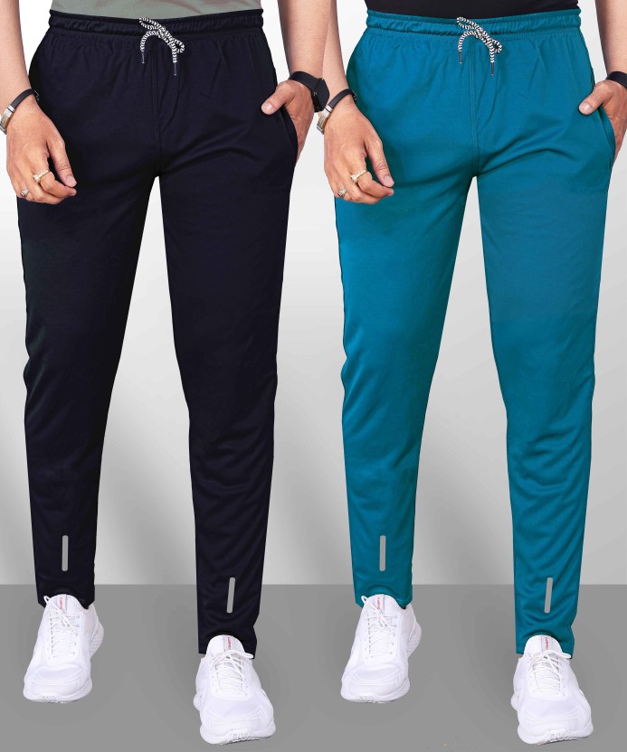 Pack of 2 Men Solid Black, Light Blue Track Pants