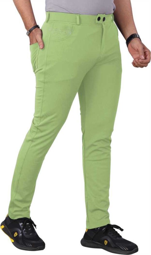 Men Slim Fit Light Green Lycra Blend Trousers