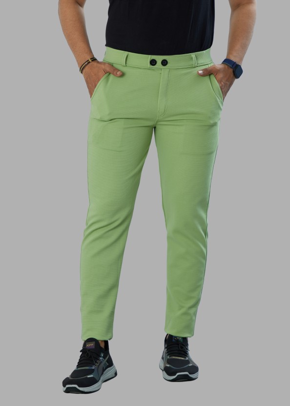 Slim Fit Men Cotton Blend Light Green Cotton Blend Trousers