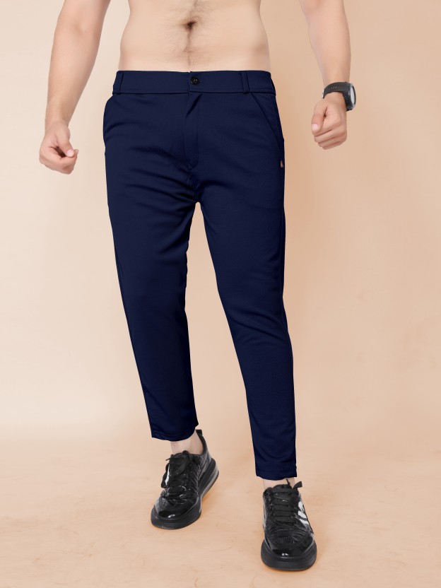 Regular Fit Men Lycra Blend Dark Blue Lycra Blend Trousers