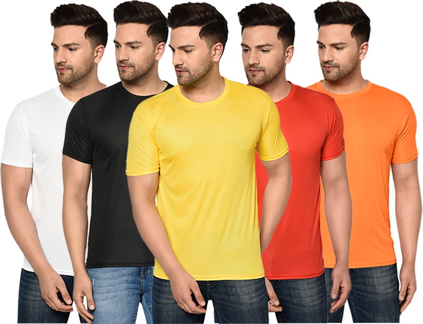 Pack of 5 Round_5_05_M Men Solid Round Neck Polyester Multicolor T-Shirt