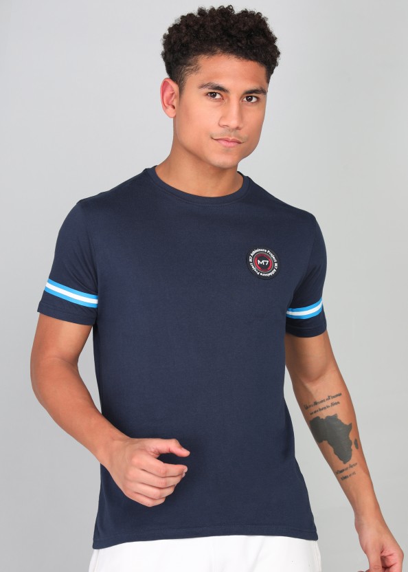 Men Solid Round Neck Pure Cotton Dark Blue T-Shirt