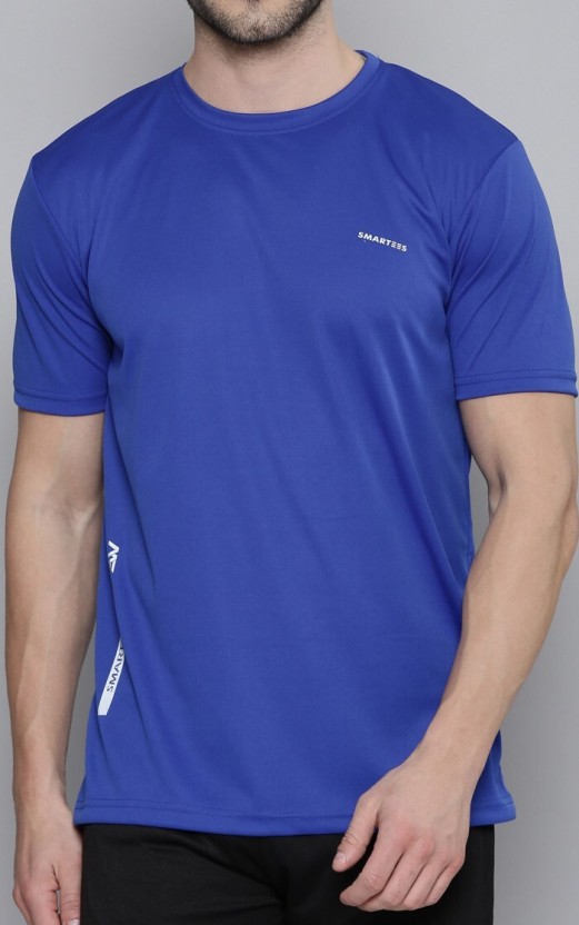 Men Solid Round Neck Polyester Blue T-Shirt