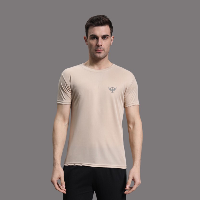 Men Solid Round Neck Polyester Beige T-Shirt