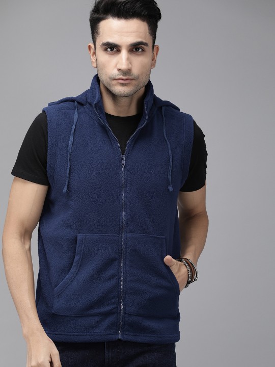 Roadster - The Lifestyle Co Men Navy Blue Solid Polar Fleece Hooded Sweatshirt