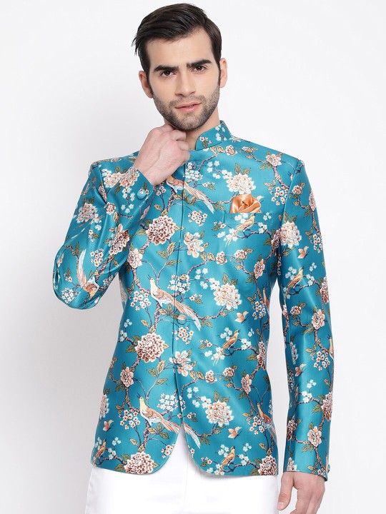 VASTRAMAY - Men Turquoise Blue & Beige Printed Bandhgala Blazer