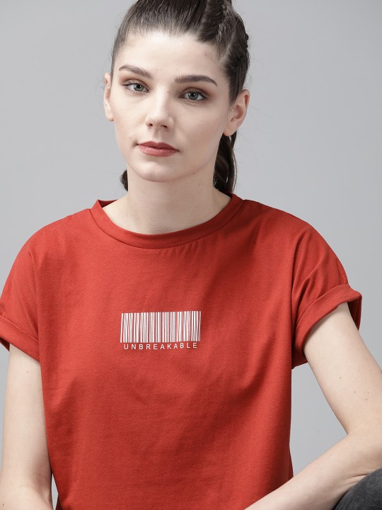 Roadster - The Lifestyle Co Women Rust Red Printed Round Neck Crop Pure Cotton T-shirt