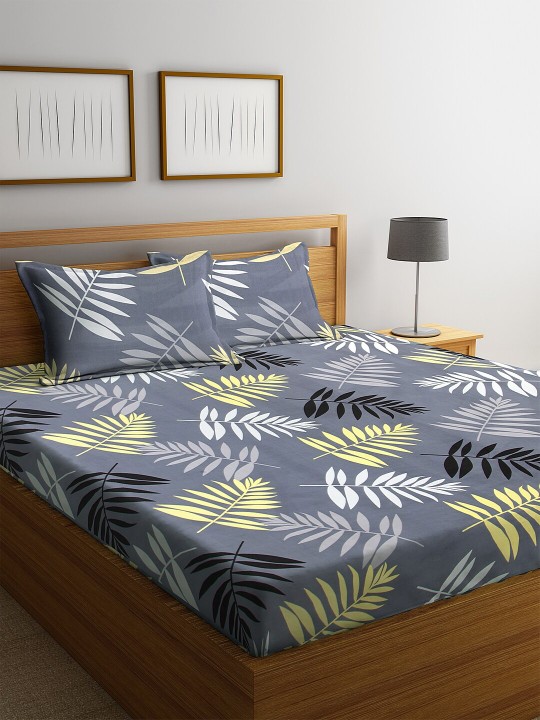 KLOTTHE - Grey & Yellow Printed 300 TC Cotton Double King Bedsheet With 2 Pillow Covers