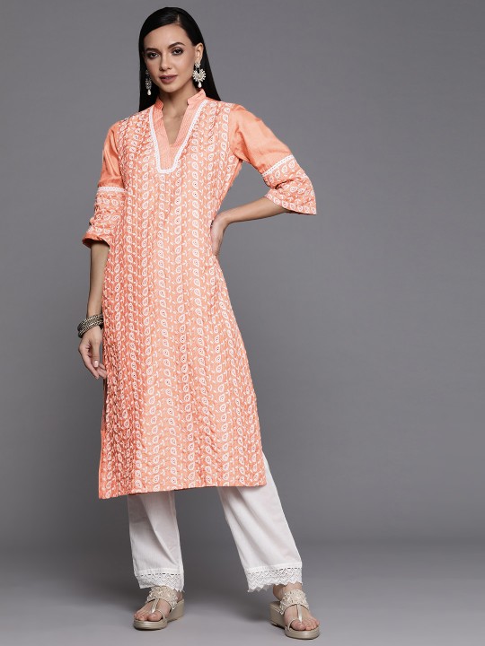 Libas - Women Peach-Coloured & White Ethnic Motifs Embroidered Silk Straight Kurta