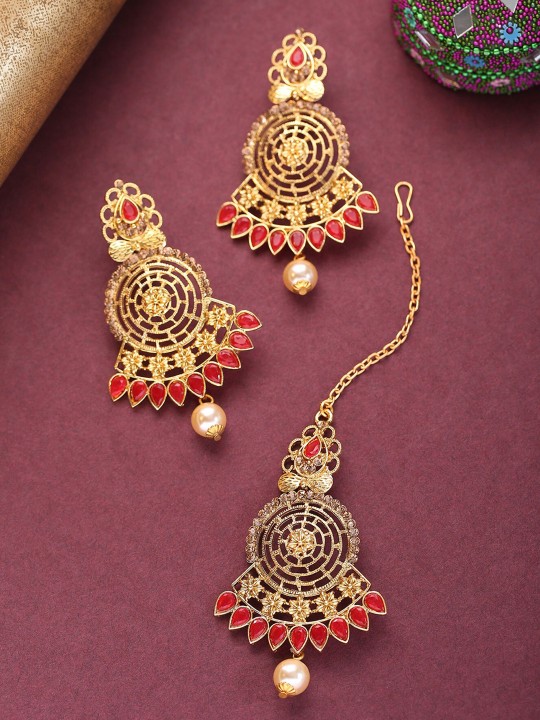 Priyaasi - Gold-Plated Red Stones Studded Maang Tika & Earrings Set