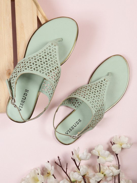 Vishudh - Women Sea Green T-Strap Flats with Laser Cuts