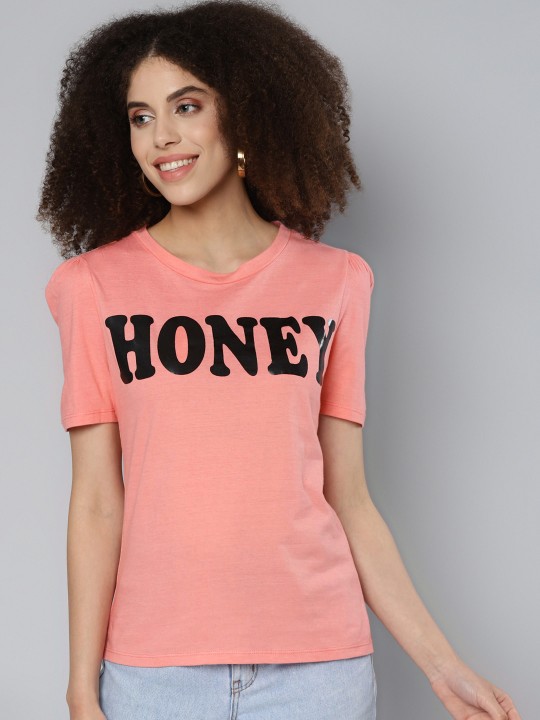 SASSAFRAS - Women Pink Typography Printed T-shirt