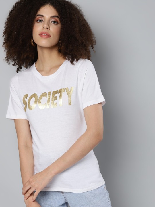 SASSAFRAS - Women White Typography Printed T-shirt