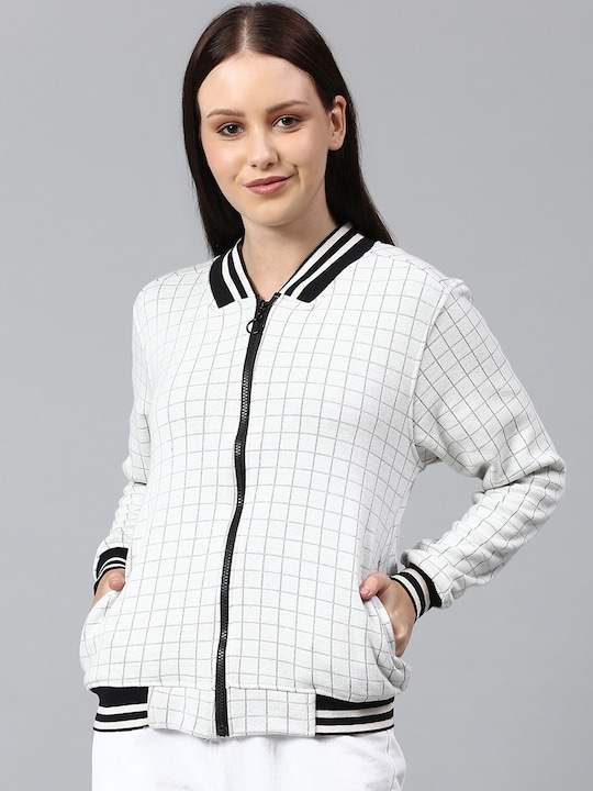 Campus Sutra - Women Off White Checked Windcheater Outdoor Bomber Jacket with Embroidered