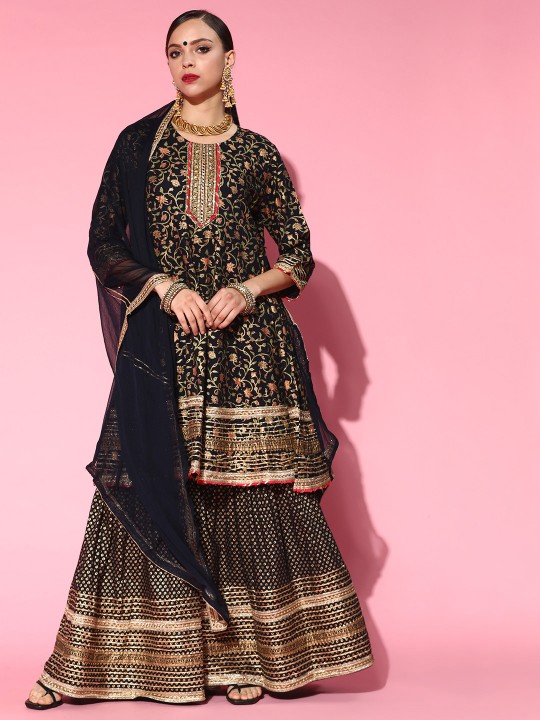 Ishin - Women Navy Blue Floral Printed Gotta Patti Kurta & Sharara With Dupatta