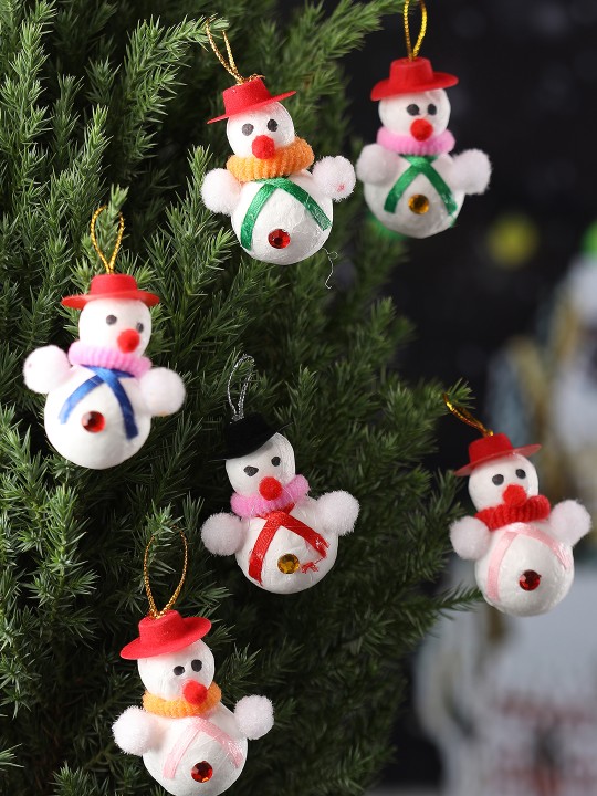 TIED RIBBONS - Set of 6 White Mini Snowmans Christmas Tree Decoration Ornaments