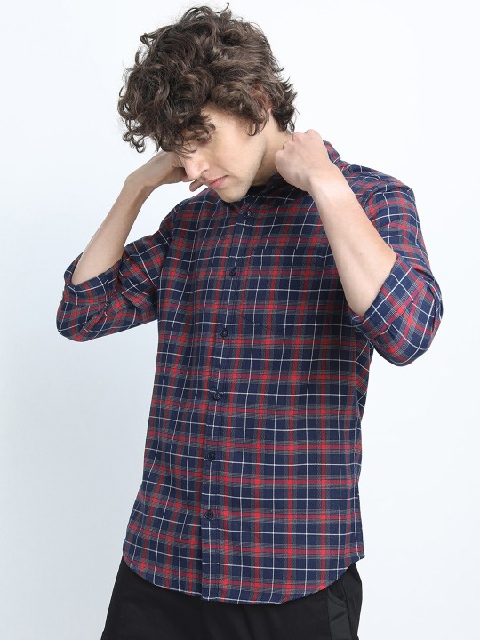 KETCH - Men Navy Blue & Red Slim Fit Tartan Checks Checked Casual Shirt