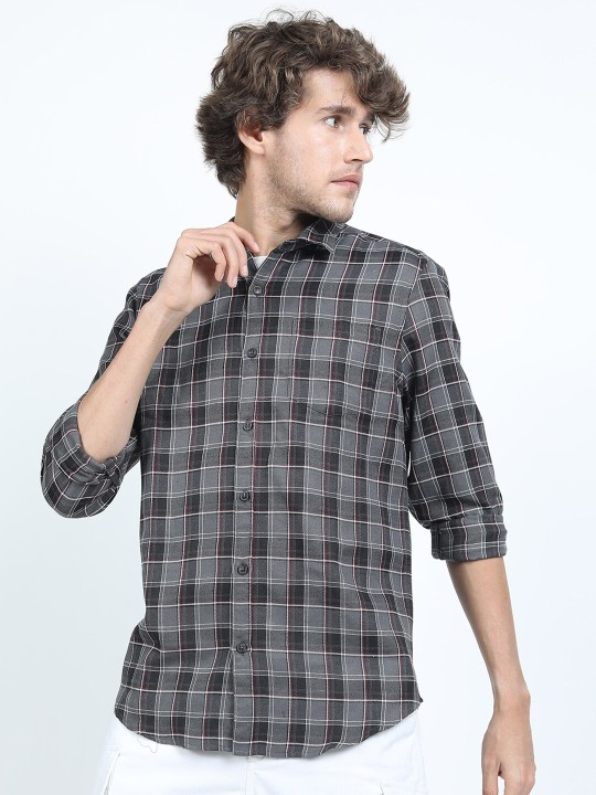 KETCH - Men Grey & Black Slim Fit Checked Casual Shirt