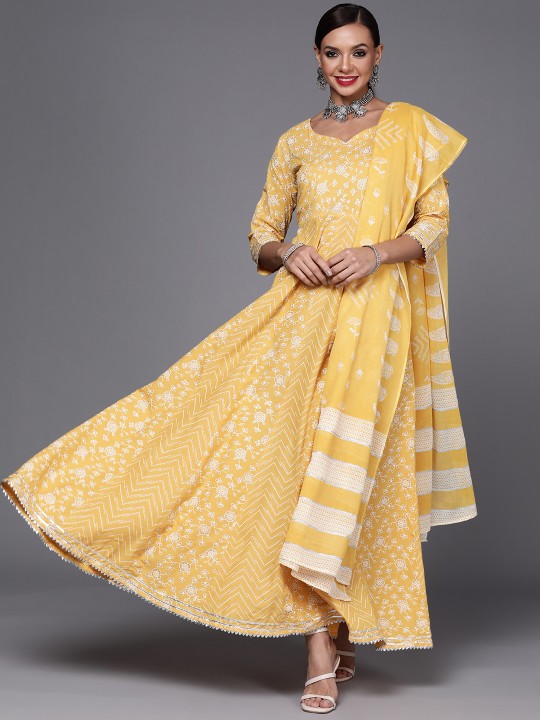 Indo Era - Women Yellow Floral Printed Gotta Patti Ethnic A-Line Maxi Dress