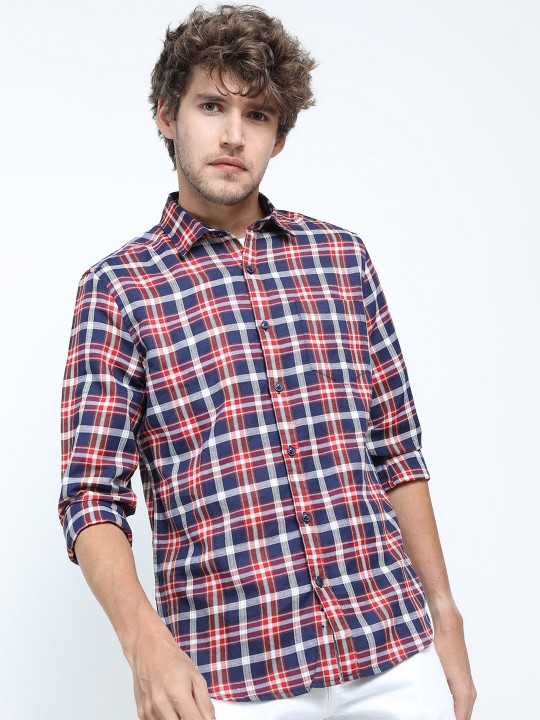 KETCH - Men Navy Blue & Red Slim Fit Checked Casual Shirt