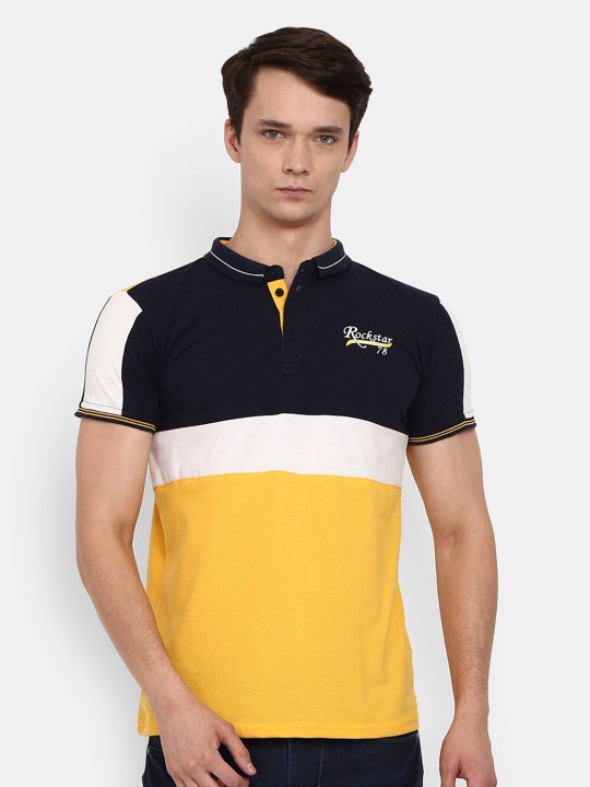 V-Mart - Men Gold-Toned & Black Mandarin Collar Slim Fit Colourblocked  T-shirt