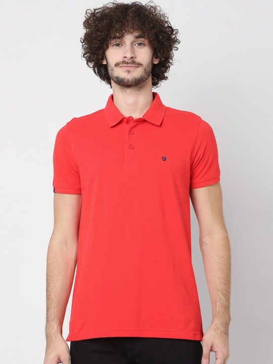 UnderJeans by Spykar - Men Coral Solid Cotton Polo-Collar  Lounge T-shirt