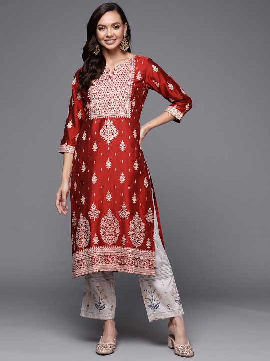 Libas - Women Red & Beige Ethnic Motifs Yoke Design Kurta