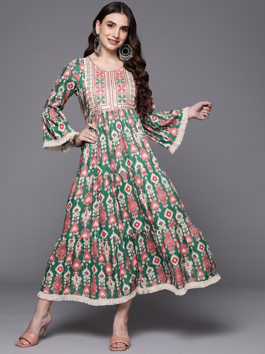 Indo Era - Green & Pink Floral Embroidered Ethnic A-Line Maxi Ethnic Dress