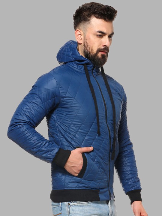 Campus Sutra - Men Blue Black Striped Windcheater Outdoor Puffer Jacket