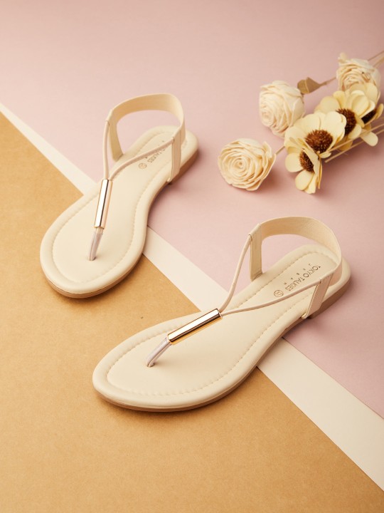 Tokyo Talkies - Women Cream-Coloured T-Strap Open Toe Flats