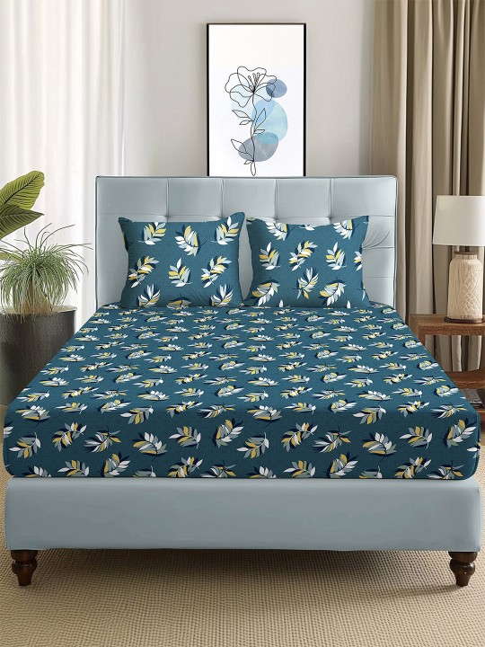 Story@home - Arena Grey & Yellow Floral Printed 180 TC Queen Bedsheet & 2 Pillow Covers