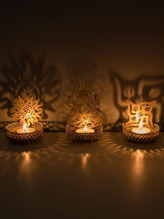 Homesake - Gold Toned 3 Pieces Shadow Ganesh Sathiya Om Metal Candle Holders