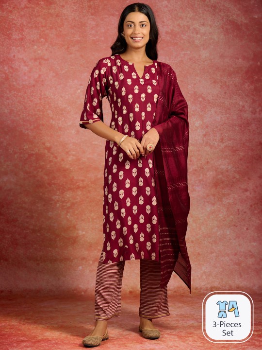 Libas - Floral Printed Straight Kurta With Trousers & Dupatta