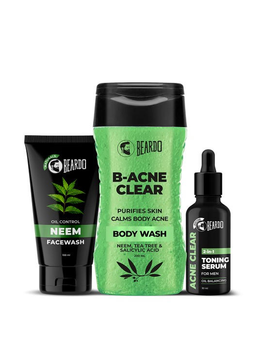 BEARDO - Men Oil Control Neem Facewash 100ml+ B-Acne Clear Bodywash 200ml+ Toning Serum 30ml