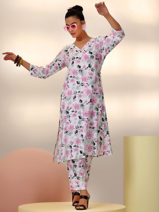 Libas - White Floral Printed V-Neck Tunic With Trousers