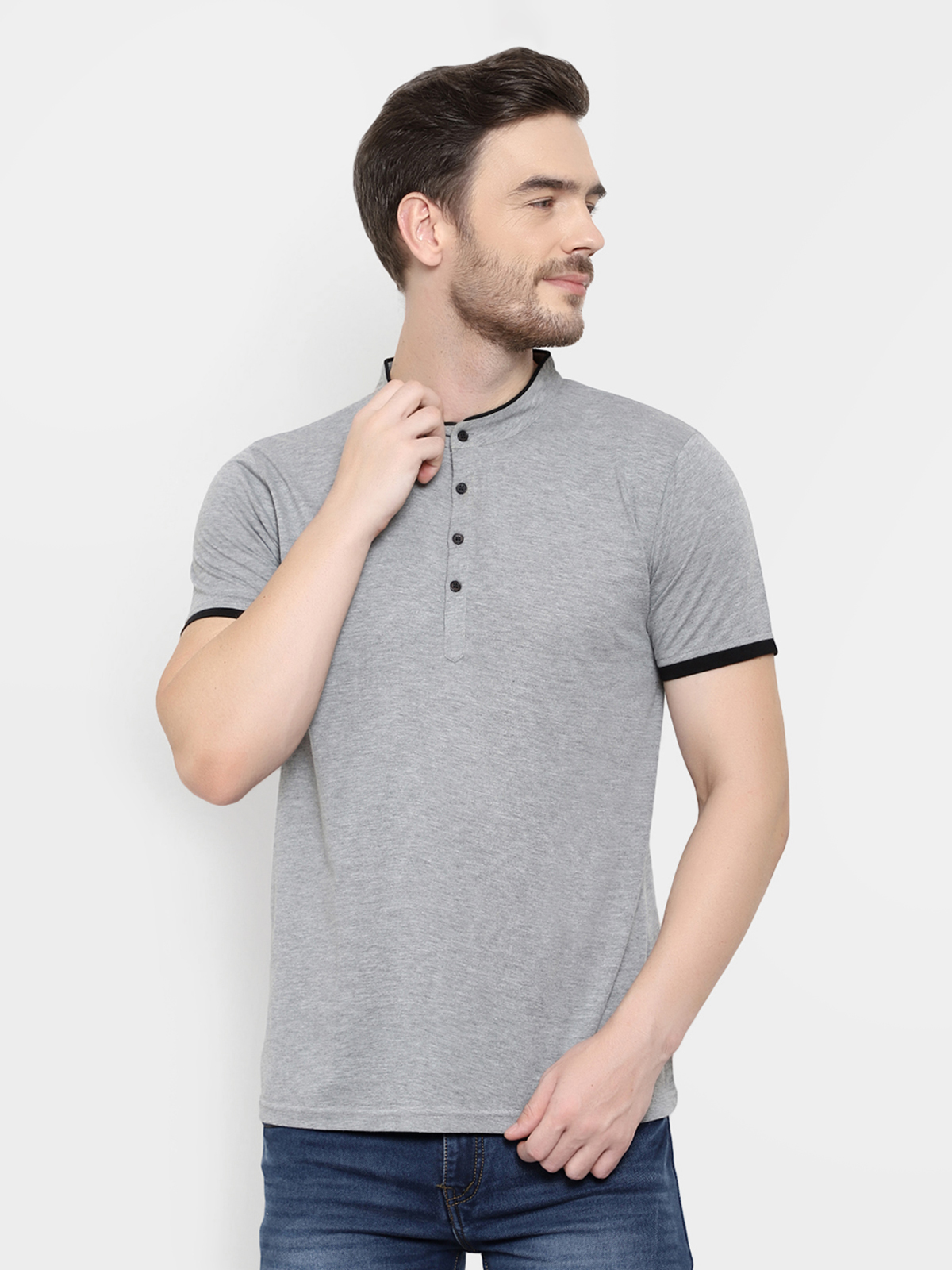 Glito - Grey Henley Neck Half Sleeves Cotton T-shirt