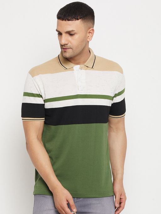 Men Green Striped Collar Neck Cotton Blend Polo T-Shirt