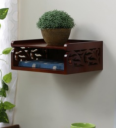 Carved Decorative Wall Shelf cum Set-Top Box Holder in Brown Finish