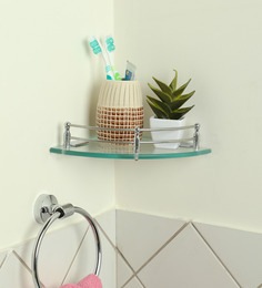 Glass Corner Shelf in Transparent Colour With Bracket (L: 7.5, W: 7.5 Inches)