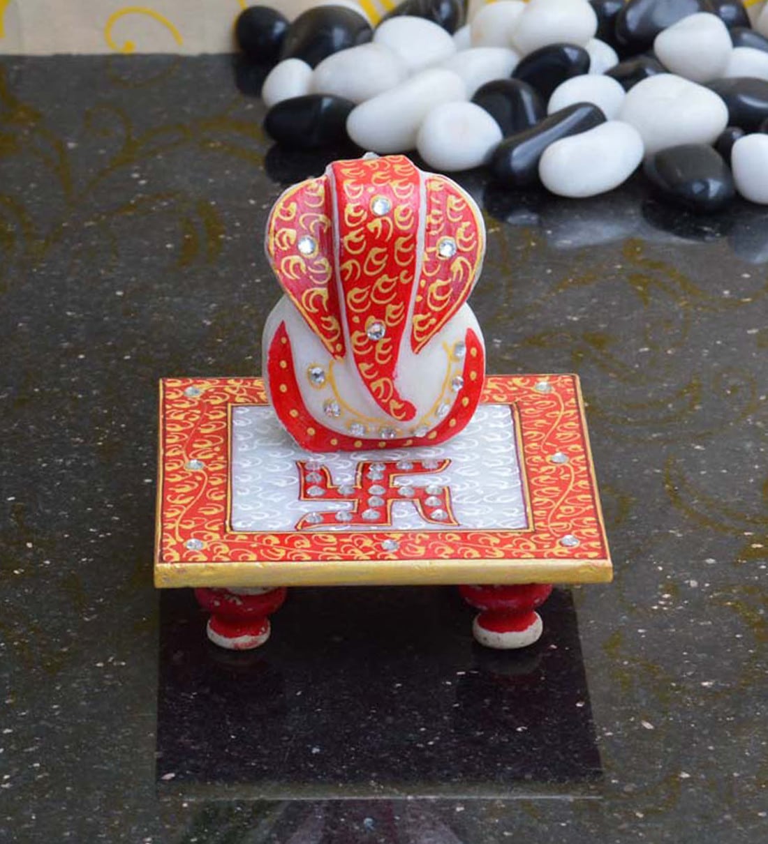 Red Ridhi Sidhi with Swastik On Marble Chowki,Share By eCraftIndia