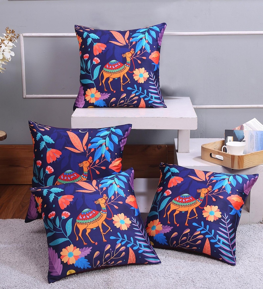 Gothic Camel Blue Abstract Silk 12x12 Inches (Set of 4) Cushion Cover,Share By M K Enterprise