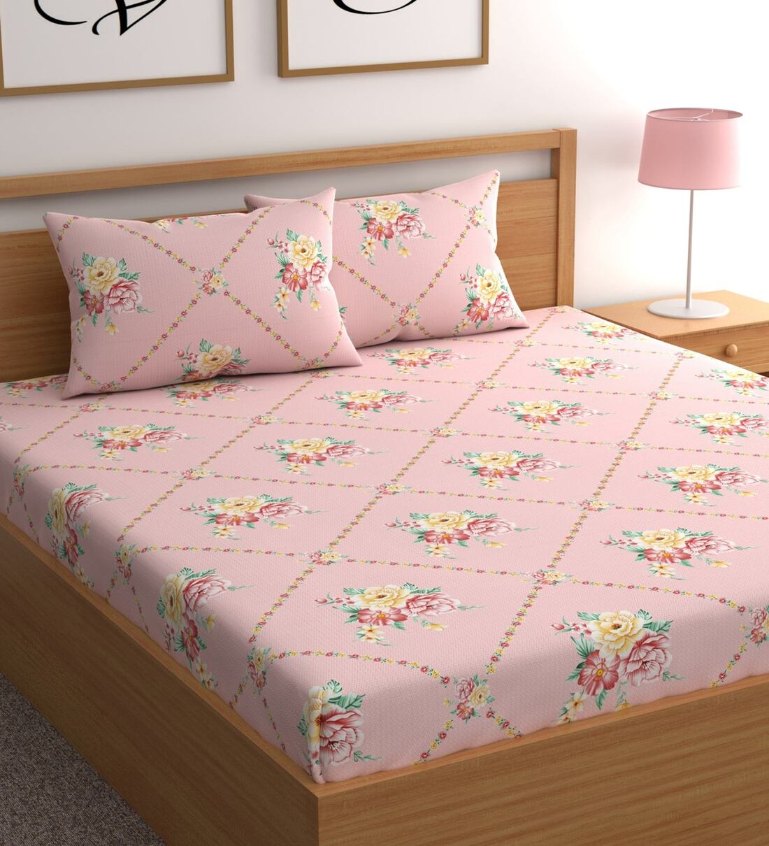 Pink Floral 180 TC Microfiber Double Queen Bedsheet With 2 Pillow Covers,Share By CG HOMES