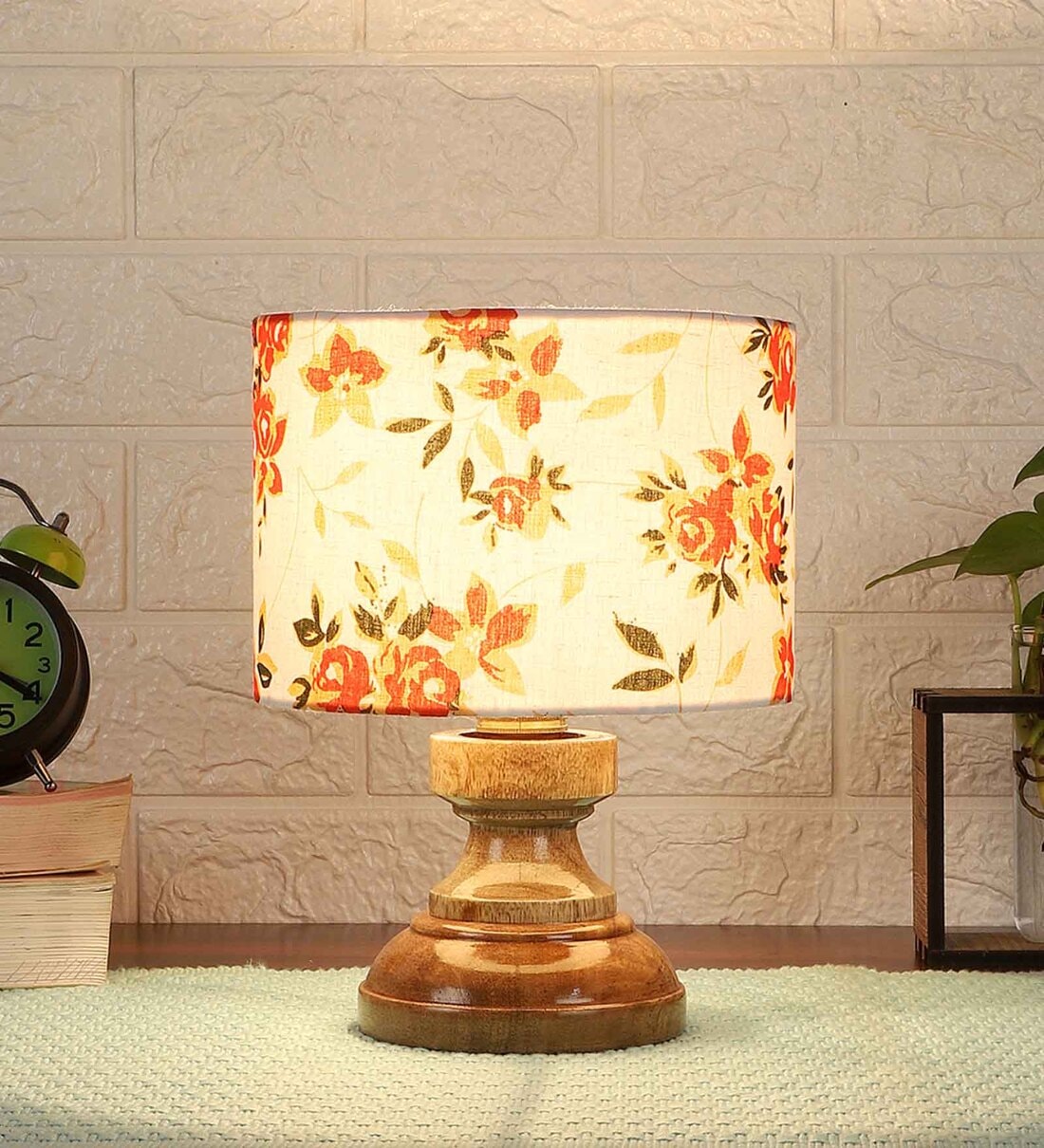 Fabricio Multicolour Cotton Fabric Shade Night Lamp With Wood Base,Share By New Era