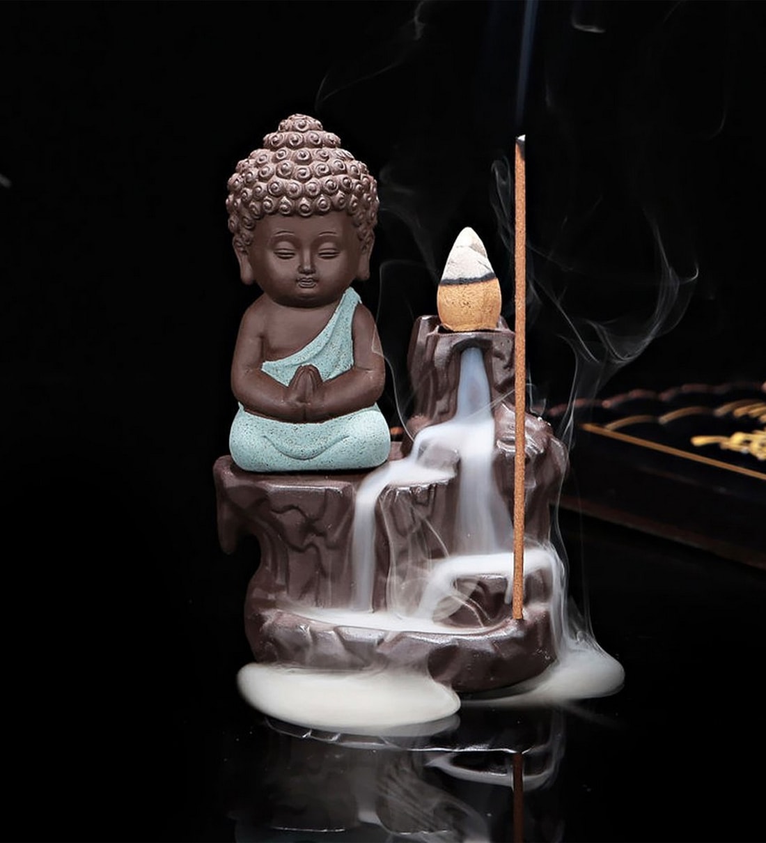 Green Meditating Monk Buddha Smoke Fountain with 10 Backflow Cone Decorative Incense Holder,Share By eCraftIndia